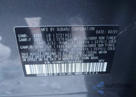 2021 Subaru Ascent Limited из США, поврежденный, VIN 4S4WMAPD3M3442882